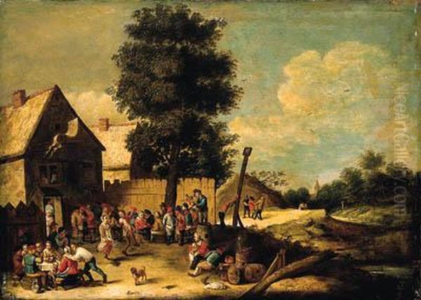 A Peasant Couple Dancing To The 
Music Of A Bagpiper, Standing On Abarrel, With Other Peasants 
Merrymaking, Ouside An Inn Oil Painting by David The Younger Teniers