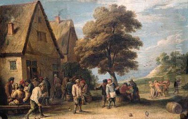 Boors Playing Ringball By An Inn In A Landscape Oil Painting by David The Younger Teniers