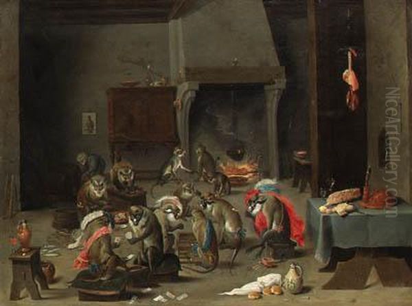 A Tavern Interior With Monkeys Playing Cards And Backgammon Oil Painting by David The Younger Teniers