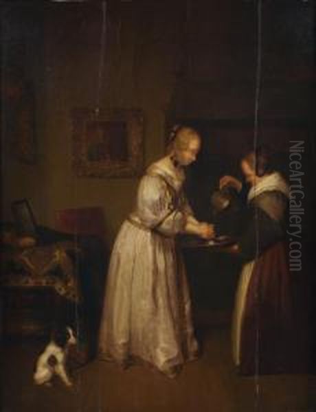 Une Dame Se Lavant Les Mains Oil Painting by Gerard Terborch