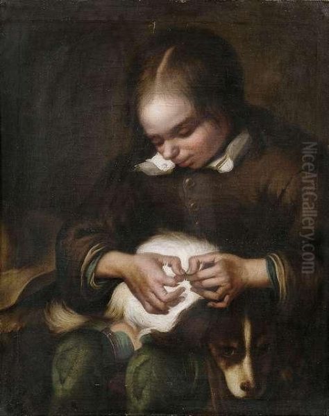 A Boy Ridding His Dog Of Fleas. Oil Painting by Gerard Terborch