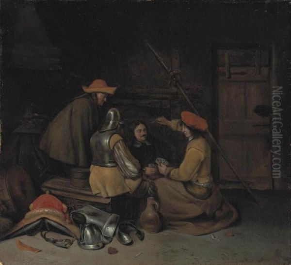 Soldiers Playing Cards In An Interior Oil Painting by Gerard Terborch