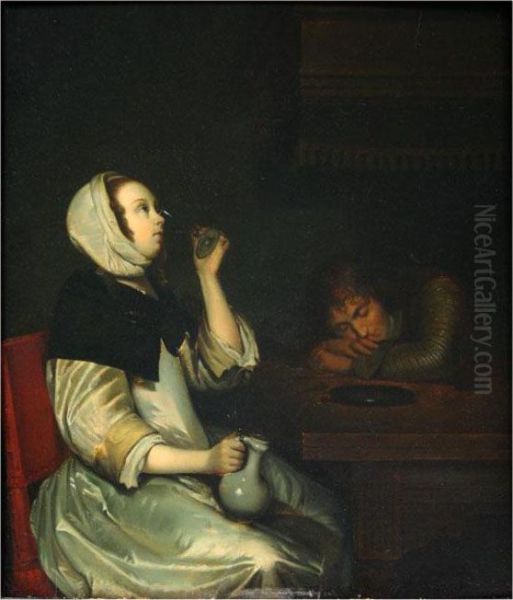 Woman Drinking Wine At Table Oil Painting by Gerard Terborch