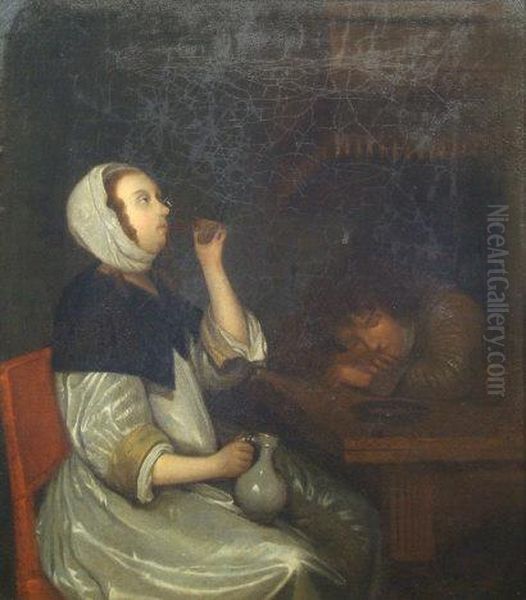 An Interior With A Young Woman 
Drinking A Glass Of Wine, Her Male Companion Slumped On A Table Asleep Oil Painting by Gerard Terborch