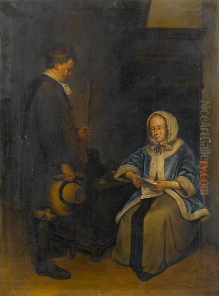 An Elegant Lady Reading A Letter In The Presence Of A Messenger Oil Painting by Gerard Terborch