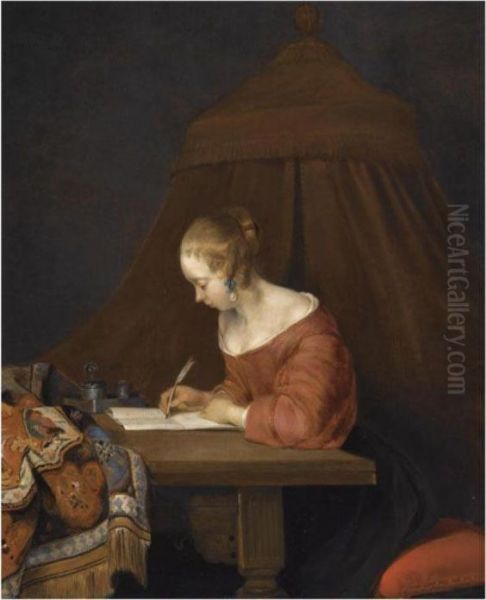 A Young Lady Writing At Her Desk Oil Painting by Gerard Terborch