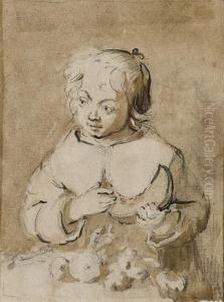 A Little Girl At A Table Holding A Slice Of Melon Oil Painting by Gerard Terborch