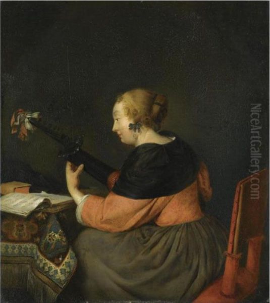 A Lady Seated At A Table Playing A Lute Oil Painting by Gerard Terborch