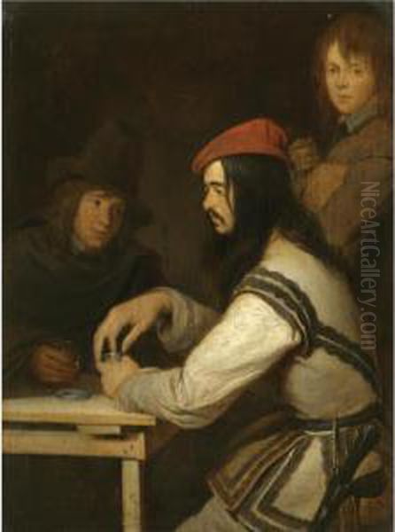 Three Men In A Tavern, One Taking Snuff Oil Painting by Gerard Terborch