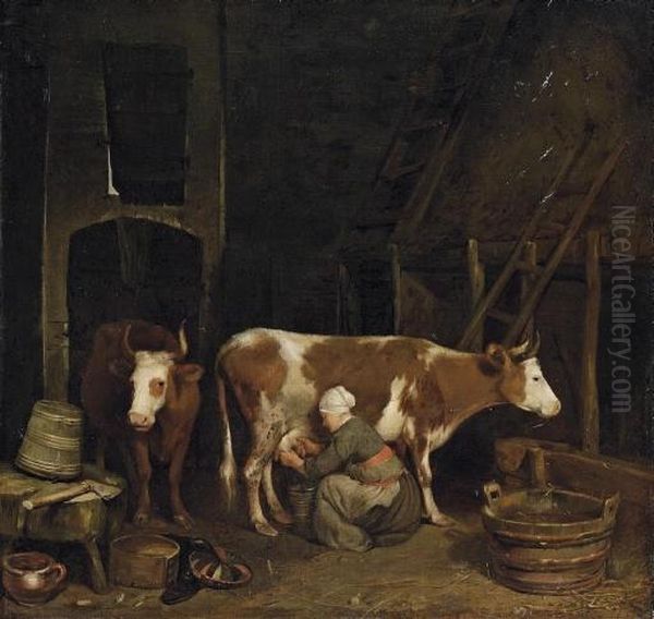 A Milkmaid Milking Cows In A Barn Oil Painting by Gerard Terborch