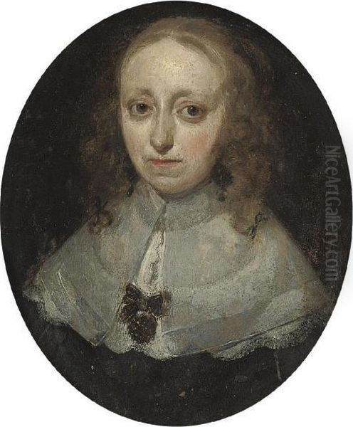 Portrait Of A Lady, Bust-length,
 In A Black Dress With A Lace Collar, And A Black Bow Brooch Oil Painting by Gerard Terborch