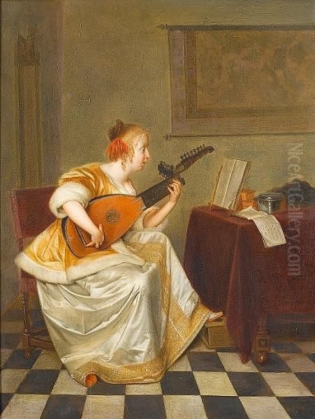 A Young Lady Playing A Lute In An Interior Oil Painting by Gerard Terborch