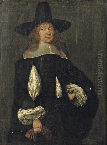 Portrait Of A Gentleman, 
Three-quarter-length, In A White Chemise, Black Costume And Hat, Holding
 Gloves In His Right Hand Oil Painting by Gerard Terborch