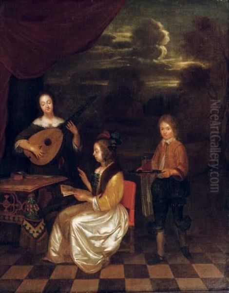 Two Ladies Playing Music Whith A Boy Serving Drinks Oil Painting by Gerard Terborch