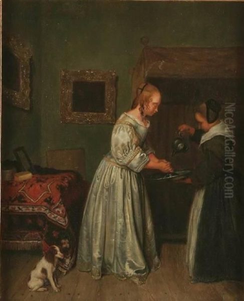 An Elegant Lady With Maidservant Washing Her Hands And Dog Looking On Oil Painting by Gerard Terborch