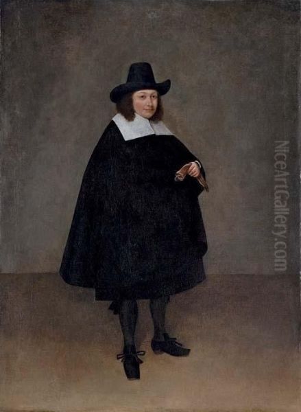 Portrait Of A Gentleman, 
Full-length, Wearing A Black Suit And Hat, With Gloves In His Right Hand Oil Painting by Gerard Terborch