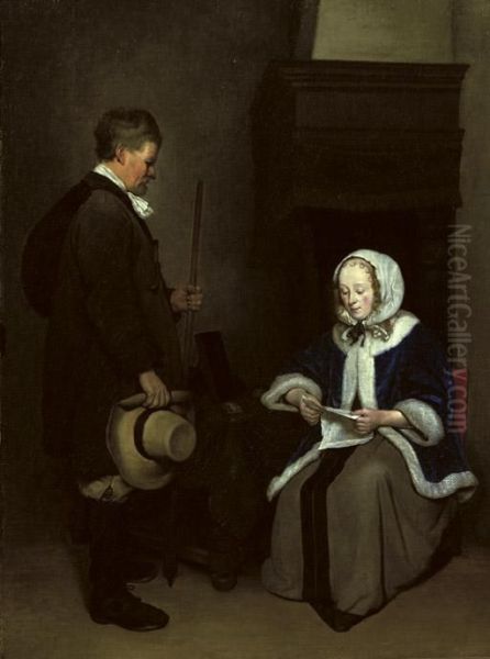 An Elegant Lady Reading A Letter With A Man Standing By Oil Painting by Gerard Terborch