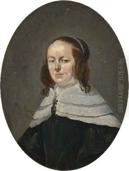 A Portrait Of A Bearded Man, 
Bust Length, Wearing A Black Coat With Lace Collar; A Portrait Of A 
Lady, Bust Length, Wearing A Black Dress With A Lace Collar And A Pearl 
Neck Lace Oil Painting by Gerard Terborch