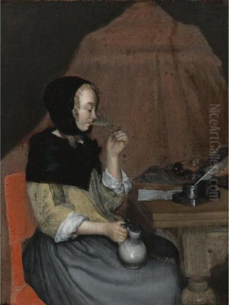 A Young Woman Drinking Oil Painting by Gerard Terborch