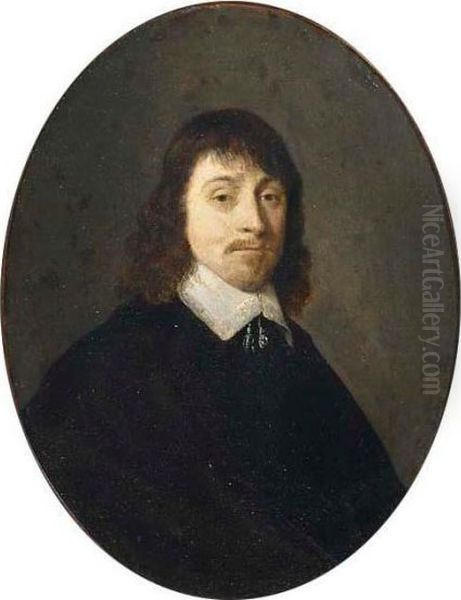 A Portrait Of A Bearded Man, 
Bust Length, Wearing A Black Coat With Lace Collar; A Portrait Of A 
Lady, Bust Length, Wearing A Black Dress With A Lace Collar And A Pearl 
Neck Lace Oil Painting by Gerard Terborch