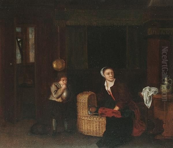 A Mother And Child In An Interior With A Dwarf. Oil Painting by Gerard Terborch