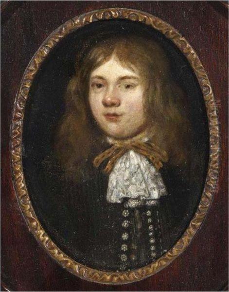 A Portrait Of A Young Gentleman,
 Bust Length, Wearing A Brown Coat With A White Lace Scarf Oil Painting by Gerard Terborch