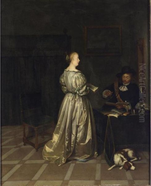 An Interior With A Lady Taking 
Singing Lessons From A Gentleman, A Sleeping Dog In The Foreground Oil Painting by Gerard Terborch