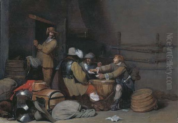 A Guardroom Interior With Soldiers Smoking And Playing Cards Oil Painting by Gerard Terborch