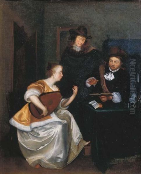 A Woman Playing The Theorbo Accompanied By Two Gentlemen, In Aninterior Oil Painting by Gerard Terborch