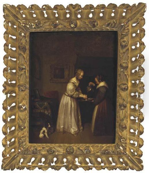 A Lady With Her Maid In An Interior Oil Painting by Gerard Terborch