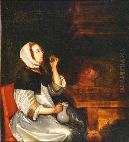 Woman Drinking Wine Beside A Sleeping Soldier Oil Painting by Gerard Terborch