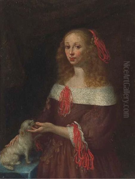 Portrait Of A Lady, Three-quarter-length, With A Dog Oil Painting by Gerard Terborch