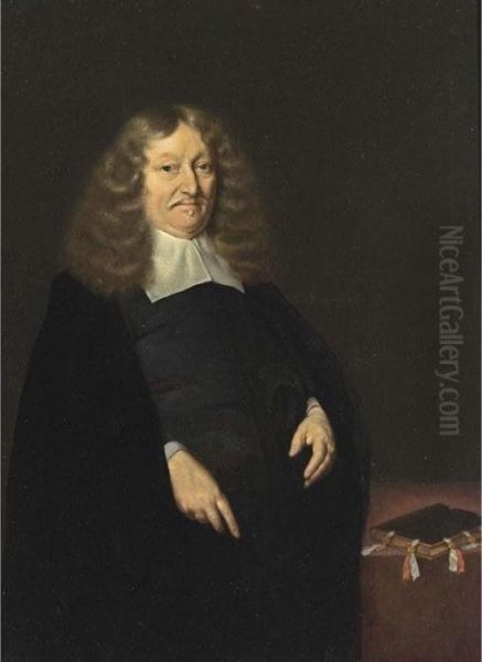 A Portrait Of Andries De Graeff 
(1611-1678), Burgomaster Of Amsterdam, Standing Three-quarter Length, 
Wearing A Black Suit And White Collar, Beside A Desk With A Book Oil Painting by Gerard Terborch