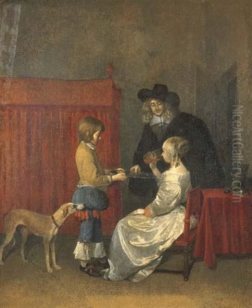 Un Couple Buvant Dans Un Interieur, Servi Par Un Page Oil Painting by Gerard Terborch