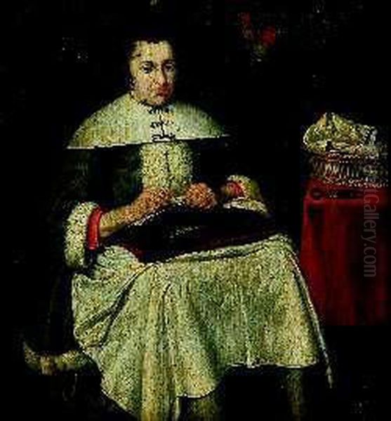 A Lady Seated Sewing, Her Basket And Scissors Beside Her Oil Painting by Gerard Terborch