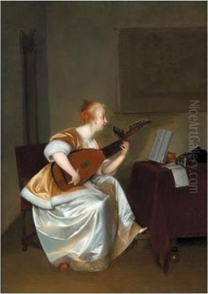 A Woman Playing A Lute Oil Painting by Gerard Terborch