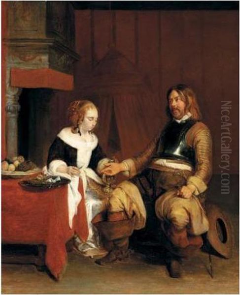 A Soldier Offering A Young Woman Coins Oil Painting by Gerard Terborch