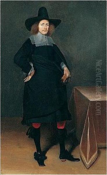 A Portrait Of A Gentleman, 
Standing Full-length, Wearing A Black Suit And Hat With White Collar And
 Cuffs And Holding Gloves, Near A Draped Table Oil Painting by Gerard Terborch