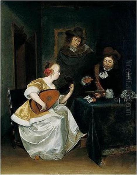 An Interior With Two Gentlemen And A Lady Playing A Lute Oil Painting by Gerard Terborch