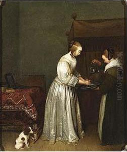 A Lady Washing Her Hands In An Interior Oil Painting by Gerard Terborch