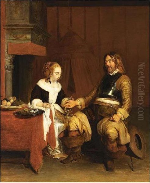 A Soldier Visiting A Lady Oil Painting by Gerard Terborch