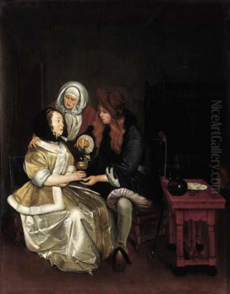 An Elegant Couple Attended By A Procuress Oil Painting by Gerard Terborch