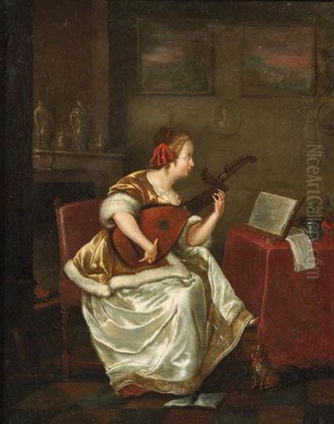 A Woman, Seated By A Table In An Interior, Playing The Lute Oil Painting by Gerard Terborch