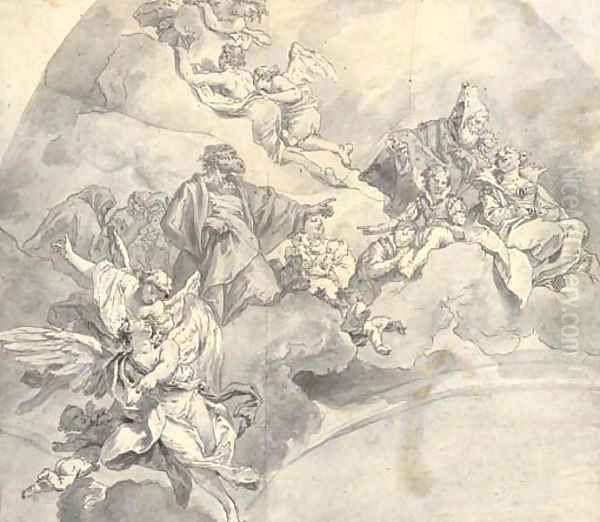 A ceiling study with angels and figures on clouds Oil Painting by Venetian School