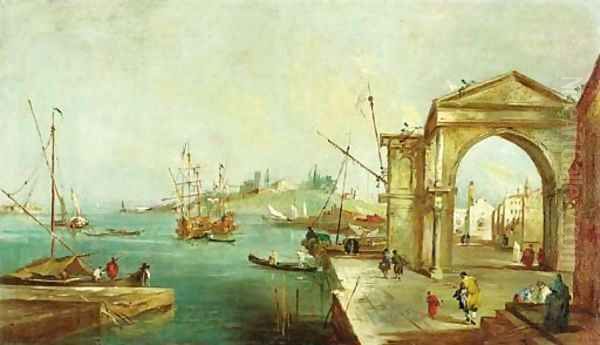 A capriccio of the Venetian lagoon with a triumphal arch Oil Painting by Venetian School