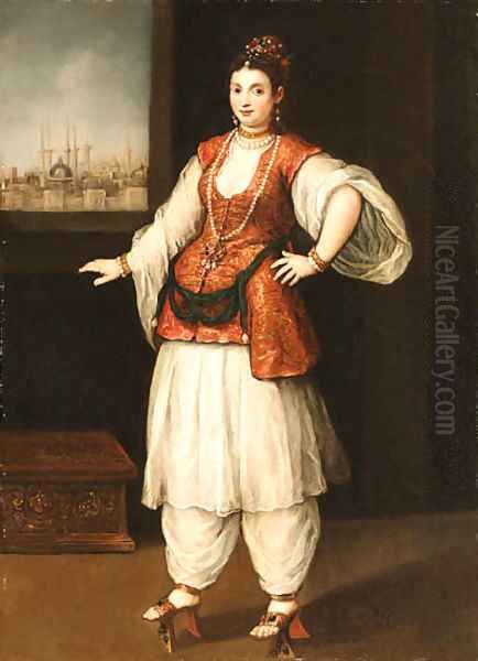 Portrait of a Sultana with a Capriccio of Istanbul through a window beyond Oil Painting by Venetian School