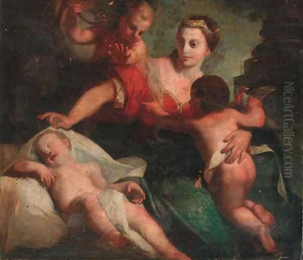 A lady with a tiara surrounded by three putti Oil Painting by Venetian School