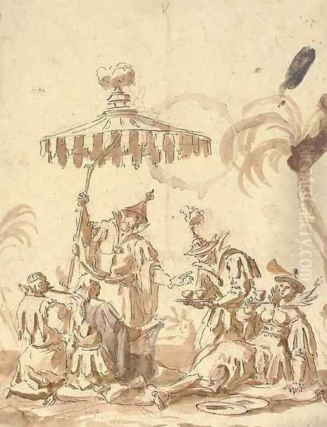 Orientals drinking tea Design for Chinoiserie Oil Painting by Venetian School