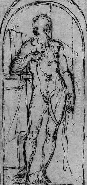 Saint Jerome, nude, standing in an inscribed niche Oil Painting by Venetian School