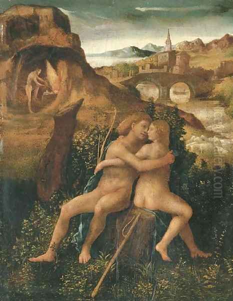 Venus and Mars in a river landscape with Vulcan labouring in his forge Oil Painting by Venetian School